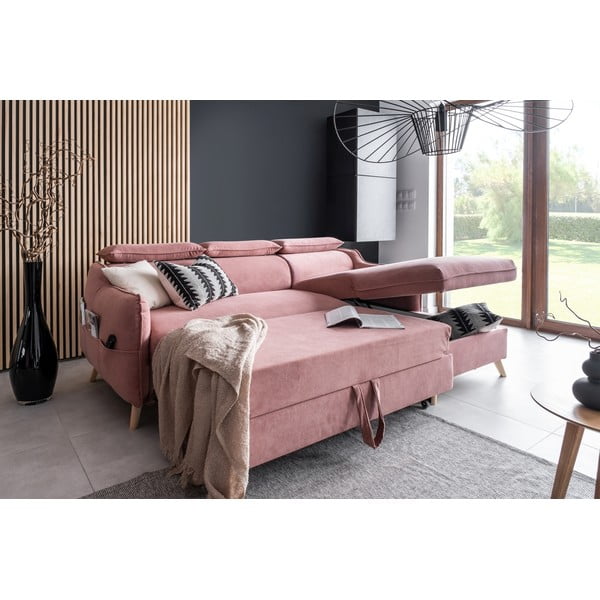 Jasnoróżowy aksamitny rozkładany narożnik (prawostronny) Sweet Harmony – Miuform-image-4