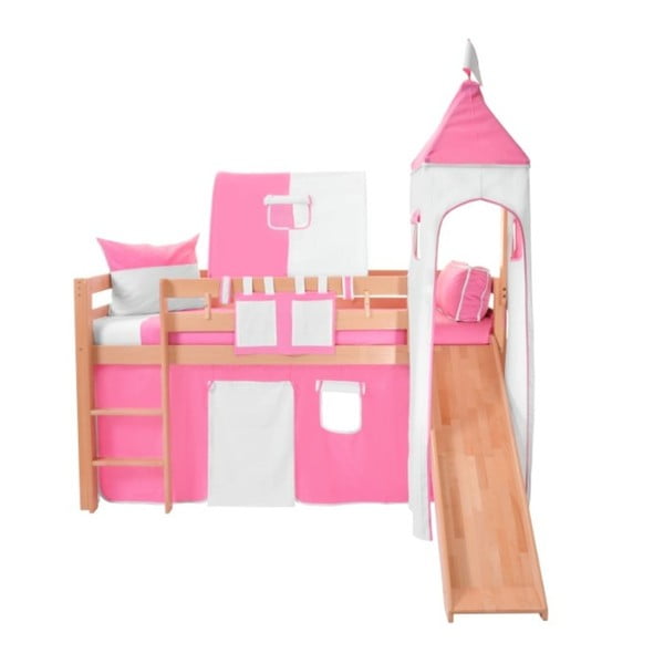 Różowo-biały komplet bawełniany na łóżko piętrowe w kształcie zamku Mobi furniture Luk a Tom 
