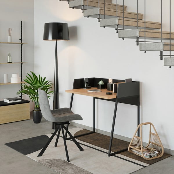 Czarne biurko z detalami w dekorze drewna dębowego TemaHome Volga-image-1