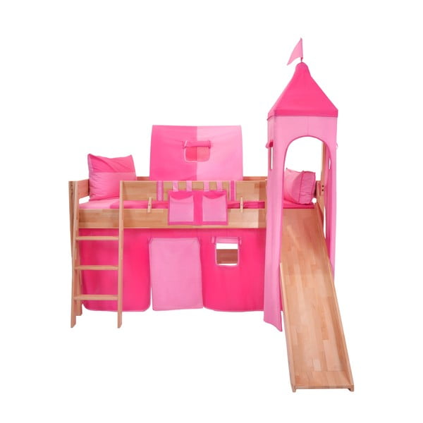 Dziecięce łóżko piętrowe ze zjeżdżalnią i różowym zamkiem z bawełny Mobi furniture Luk, 200x90 cm