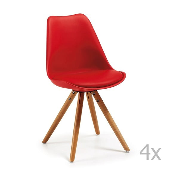 Zestaw 4 czerwonych krzeseł z drewnianymi nogami La Forma Lars