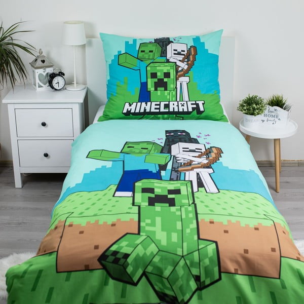 Zielono-niebieska bawełniana pościel dziecięca jednoosobowa 140x200 cm Minecraft "Mobs Here" – Jerry Fabrics-image-1