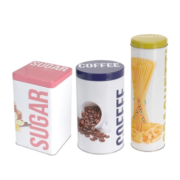 Zestaw 3 metalowych pojemników Sugar, Coffee, Spaghetti