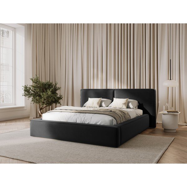 Ciemnoszare aksamitne tapicerowane łóżko dwuosobowe ze schowkiem i stelażem 180x200 cm Arendal – Cosmopolitan Design-image-1