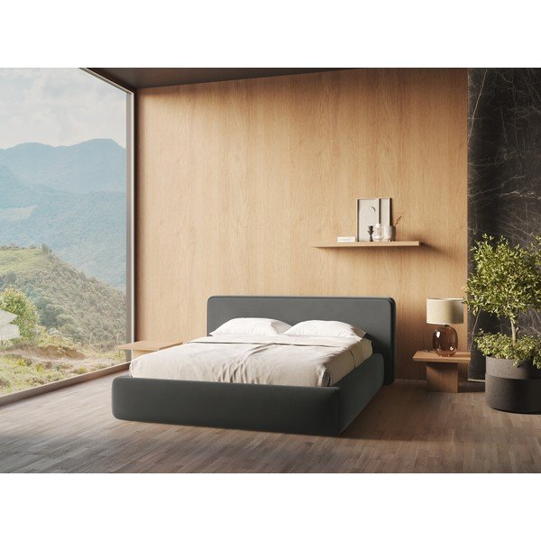 Ciemnoszare tapicerowane łóżko dwuosobowe ze schowkiem i stelażem 140x200 cm Kiana – Makamii-image-1