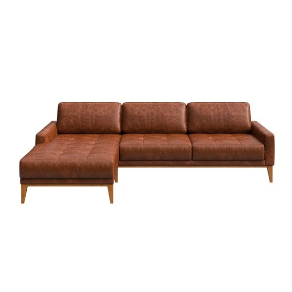 Karmelowa sofa skórzana z szezlongiem po lewej stronie MESONICA Musso Tufted