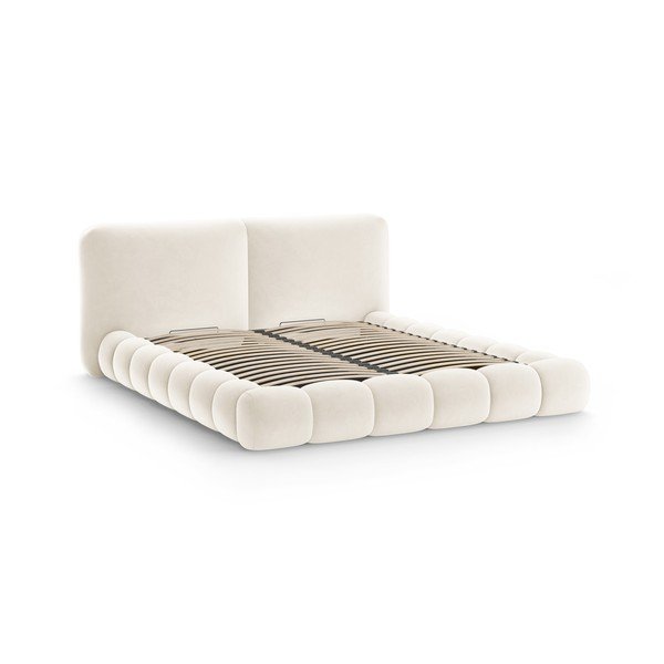 Tapicerowane łóżko dwuosobowe w kolorze kości słoniowej ze schowkiem i stelażem 160x200 cm Solange – Micadoni -image-3