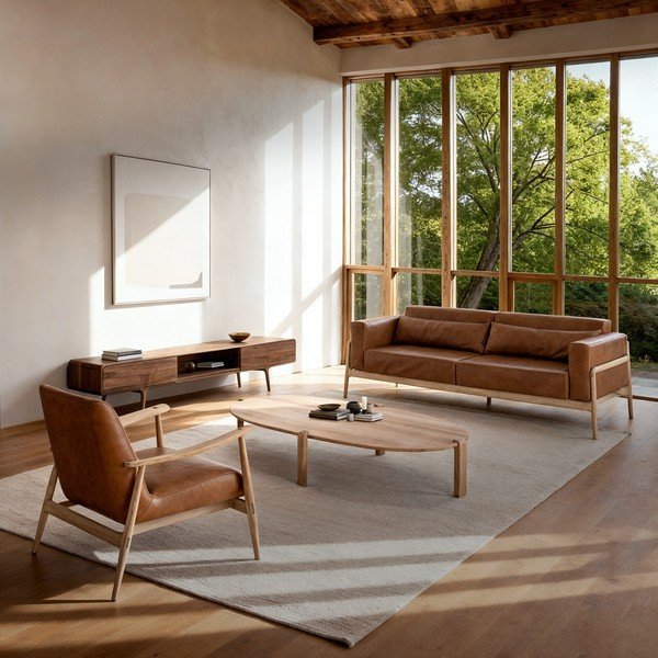 Karmelowa sofa z bawolej skóry z konstrukcją z litego drewna dębowego Gazzda Fawn, 240 cm-image-1