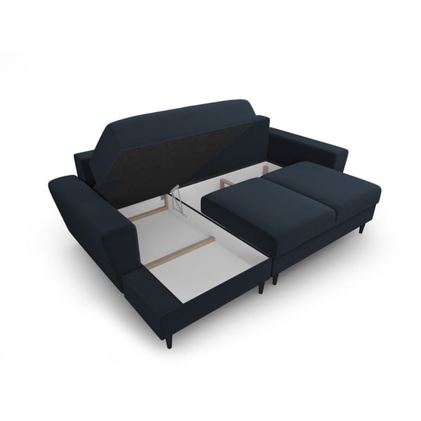 Ciemnoniebieski aksamitny rozkładany narożnik ze schowkiem (lewostronny/z szezlongiem) Kyoto – Cosmopolitan Design-image-3