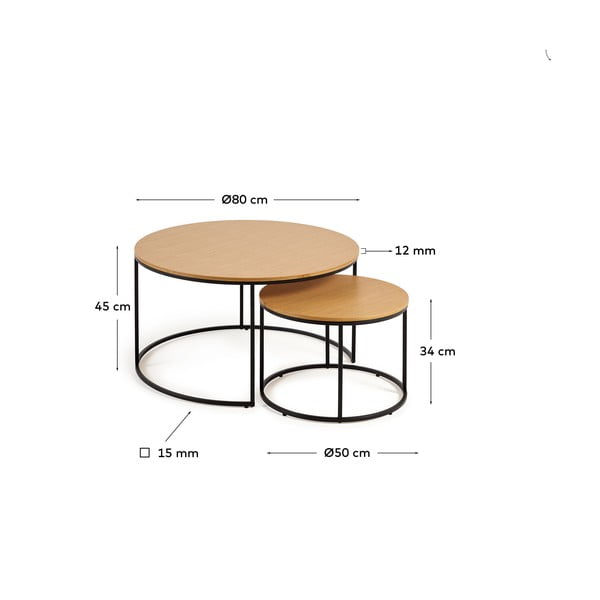 Okrągłe stoliki z blatem w dekorze dębu zestaw 2 szt. ø 80 cm Yona − Kave Home-image-4
