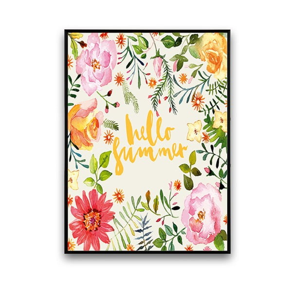 Plakat z kwiatami Hello Summer, białe tło, 30 x 40 cm