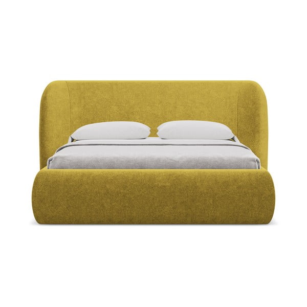 Musztardowe tapicerowane łóżko dwuosobowe ze schowkiem i stelażem 140x200 cm Hauke – Makamii-image-3