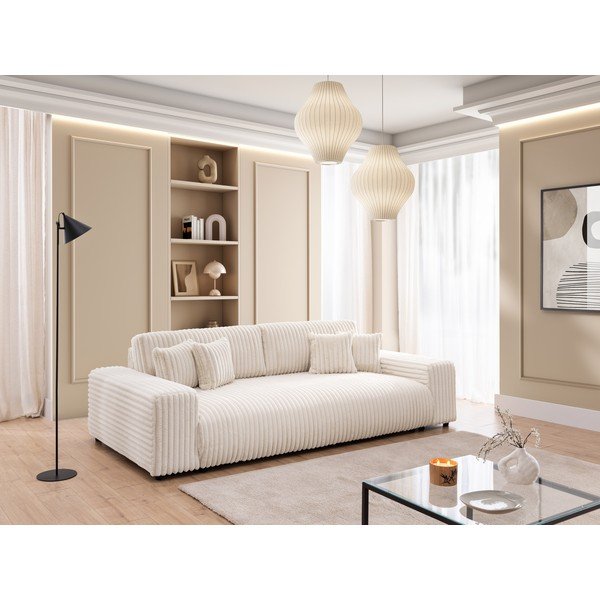 Kremowa sztruksowa rozkładana sofa ze schowkiem 260 cm Justin  – Ropez-image-1