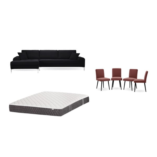 Zestaw czarnego narożnika lewostronnego, 4 czerwonych krzeseł i materaca 160x200 cm Home Essentials