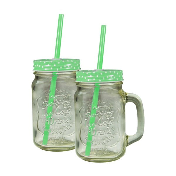 Zestaw 2 szklanek/słoików z zielonym wieczkiem i słomką JOCCA Straw, 430 ml