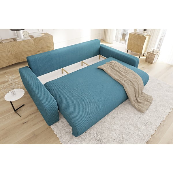 Turkusowa sztruksowa rozkładana sofa ze schowkiem 234 cm Sara – Ropez-image-4