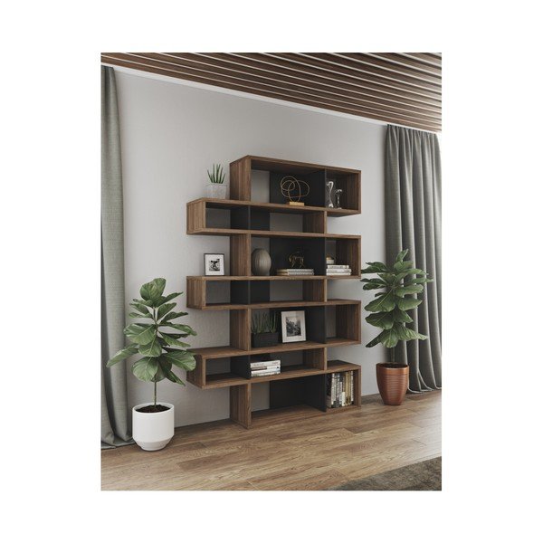 Czarny regał z detalami w dekorze drewna orzecha TemaHome London-image-1