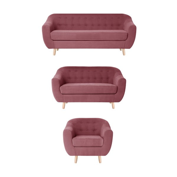 Czerwonoróżowy zestaw fotela i 2 sof dwuosobowej i trzyosobowej Jalouse Maison Vicky