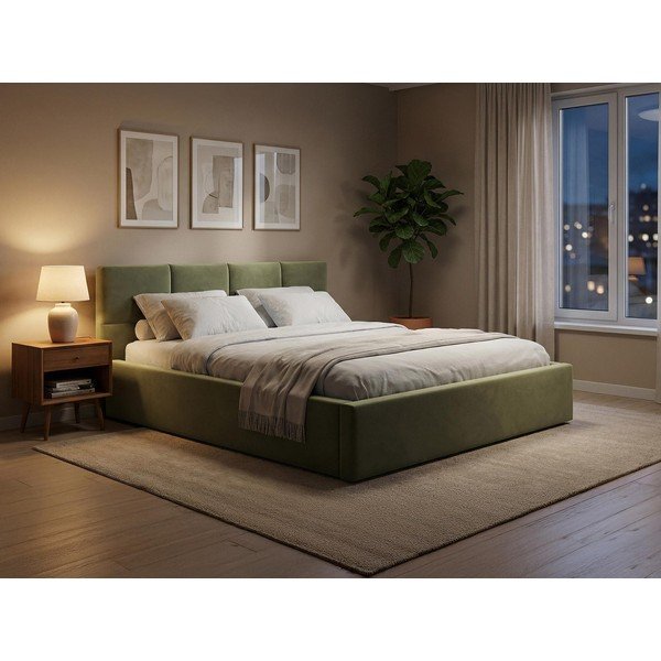 Jasnoniebieskie aksamitne tapicerowane łóżko dwuosobowe ze schowkiem ze stelażem 140x200 cm Hiko – Makamii-image-1