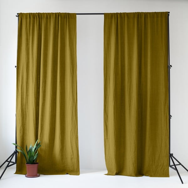 Lniana zasłona w kolorze ochry/zielona 140x200 cm Moss Green – Linen Tales