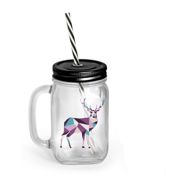 Szklanka/słoik z pokrywką i słomką Vialli Design Mia Natura Deer, 450 ml