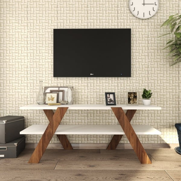 Biała szafka pod TV w dekorze orzecha 120x33 cm Basic – Kalune Design-image-1
