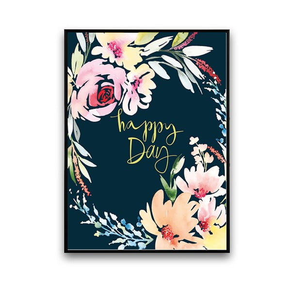 Plakat z kwiatami Happy Day, czarne tło, 30 x 40 cm