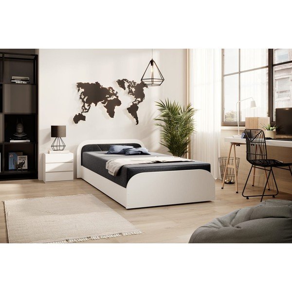 Białe/ciemnoszare tapicerowane/z płyty wiórowej łóżko jednoosobowe ze schowkiem z materacem 80x190 cm Parys – ELTAP-image-1