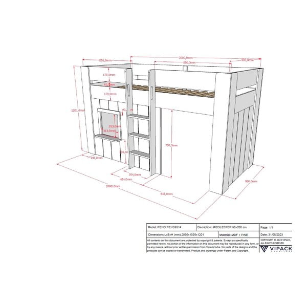 Białe podwyższone łóżko dziecięce z litego drewna sosnowego 90x200 cm RENO – Vipack-image-3