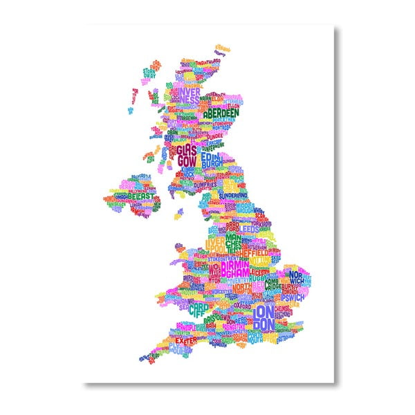 Plakat z kolorową mapą Wielkiej Brytanii Americanflat Towns, 60x42 cm