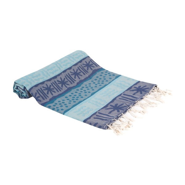 Niebieski ręcznik kąpielowy tkany ręcznie Ivy's Emine, 100x180 cm