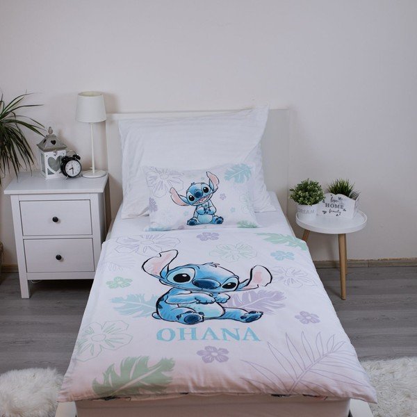 Biała bawełniana pościel dziecięca do łóżeczka 100x135 cm Lilo and Stitch "Ohana White" – Jerry Fabrics-image-1