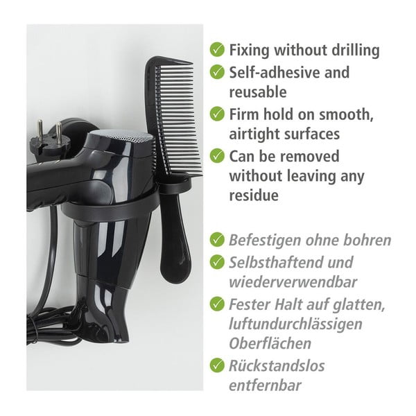 Czarny uchwyt ścienny na suszarkę do włosów Wenko Static-Loc® Pavia-image-2