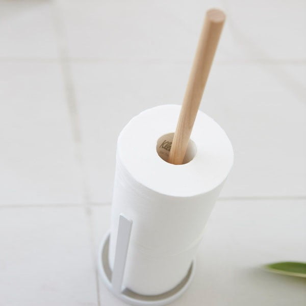 Biały stojak na papier toaletowy z detalem z drewna bukowego YAMAZAKI Tosca-image-2