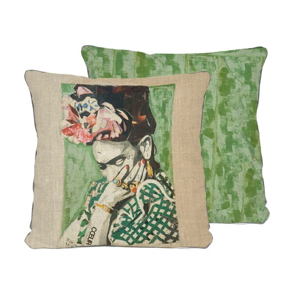 Dwustronna poszewka na poduszkę z domieszką lnu Madre Selva Frida Collage Green, 45x45 cm