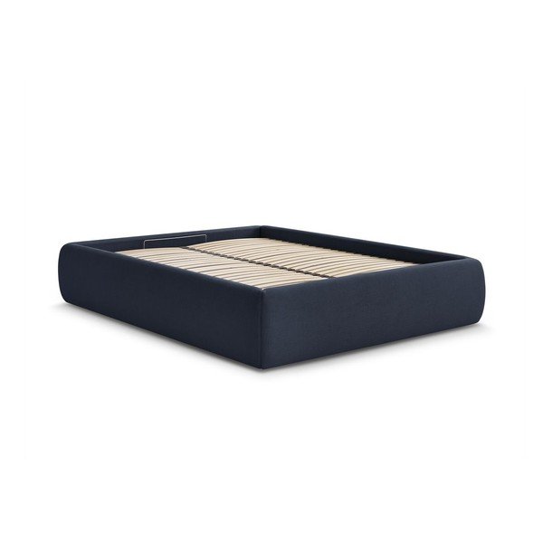 Ciemnoniebieskie tapicerowane łóżko dwuosobowe bez zagłówka ze schowkiem i stelażem 160x200 cm Inera – Bobochic Paris