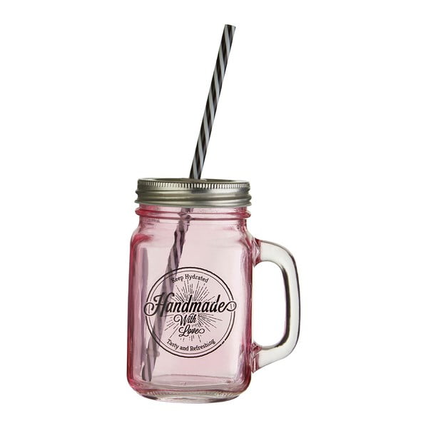 Różowa szklanka z wieczkiem i słomką Premier Housewares Mason, 450 ml