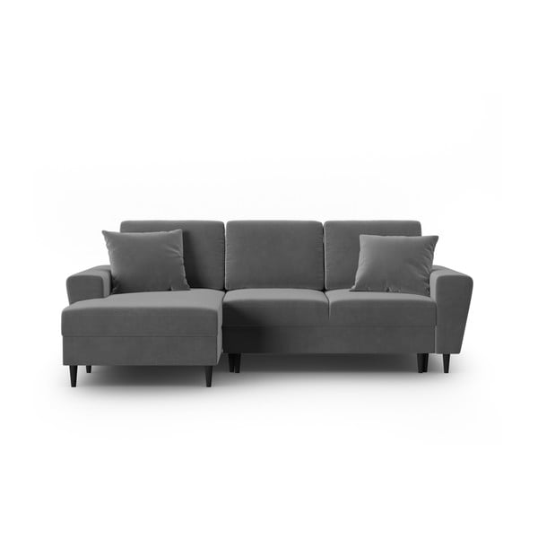 Jasnoszary aksamitny rozkładany narożnik ze schowkiem (lewostronny/z szezlongiem) Kyoto – Cosmopolitan Design