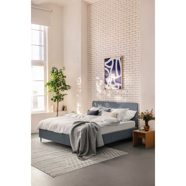 Niebieskie tapicerowane łóżko dwuosobowe z materacem i stelażem 160x200 cm Noira Slim – Bonami Selection-image-1