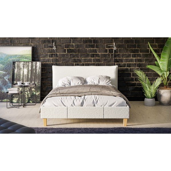 Kremowe tapicerowane łóżko dwuosobowe ze stelażem 140x200 cm Tina – Ropez-image-1