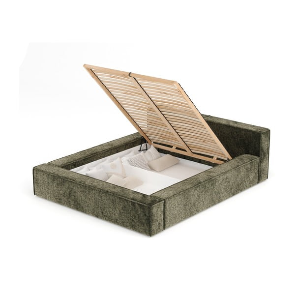 Ciemnozielone tapicerowane łóżko dwuosobowe ze schowkiem i stelażem 160x200 cm Voliera – Maison de Rêve-image-2