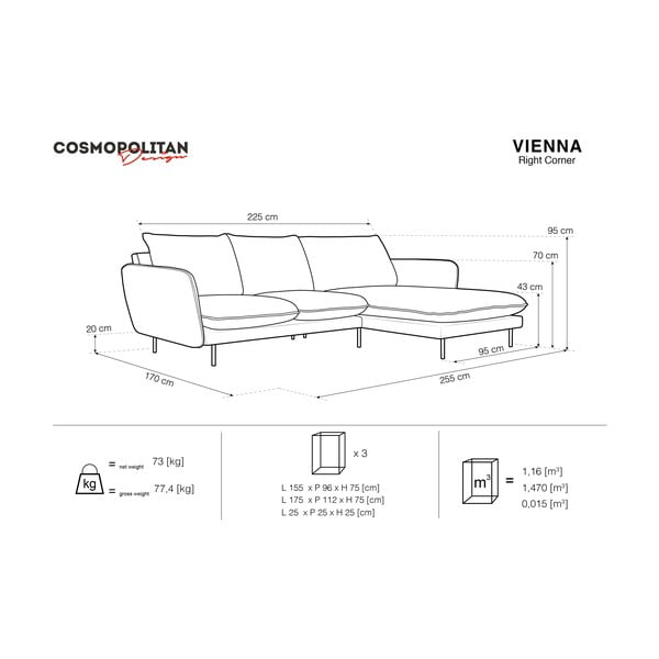 Ciemnoszara sofa narożna Cosmopolitan Design Vienna, prawostronna-image-4