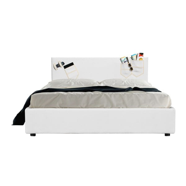Białe łóżko dwuosobowe ze schowkiem i materacem 13Casa Task, 160x200 cm