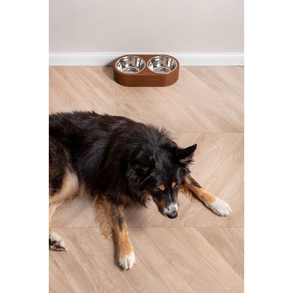 Zestaw 2 metalowych misek i ciemnej drewnianej podstawki PT LIVING Pet, szer. 18 cm-image-1