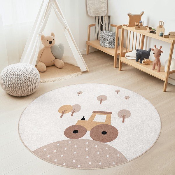 Beżowy dywan dziecięcy odpowiedni do prania ø100 cm Tractor World – Mila Home-image-1