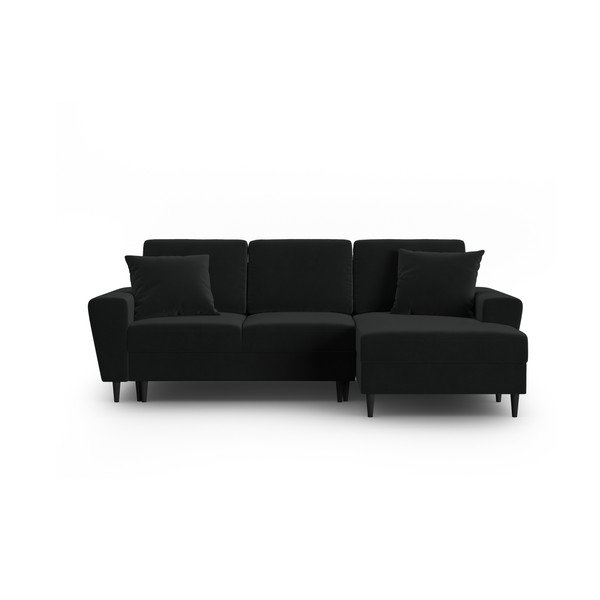 Czarny aksamitny rozkładany narożnik ze schowkiem (prawostronny/z szezlongiem) Kyoto – Cosmopolitan Design