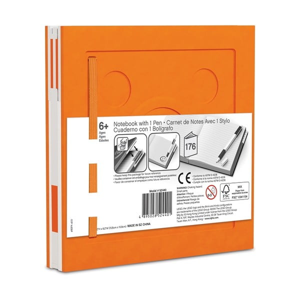 Pomarańczowy kwadratowy notatnik z długopisem żelowym LEGO®, 15,9x15,9 cm-image-2