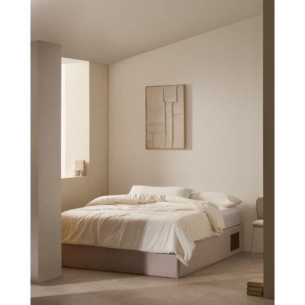 Beżowe tapicerowane łóżko dwuosobowe ze schowkiem 160x200 cm Matters – Kave Home-image-1