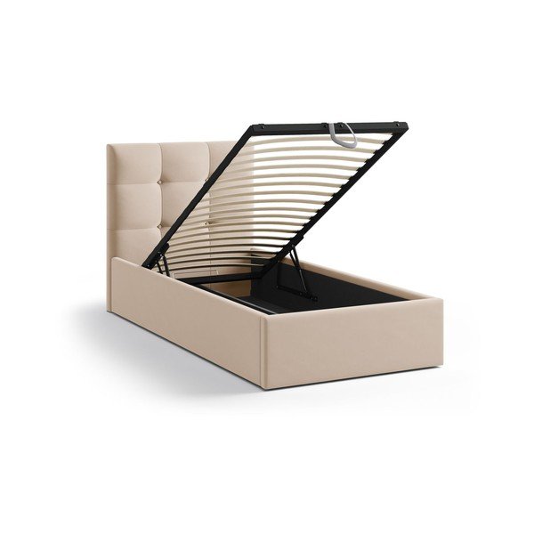 Jasnobrązowe tapicerowane łóżko jednoosobowe ze schowkiem i stelażem 90x200 cm Phaedra – Micadoni -image-1