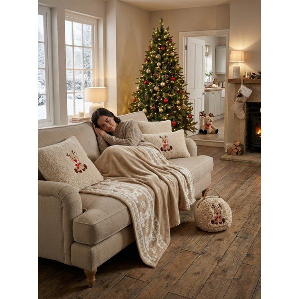 Beżowy flanelowy koc ze świątecznym motywem 130x160 cm XMAS – Tiseco Home Studio-image-1